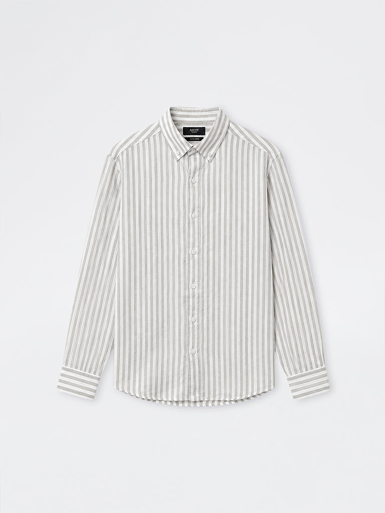 Ascot Light Olive Stripe Relaxed-Fit Linen Shirt