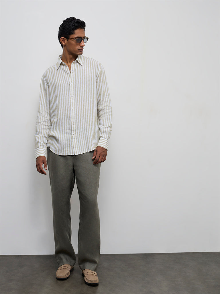 Ascot Light Olive Stripe Relaxed-Fit Linen Shirt