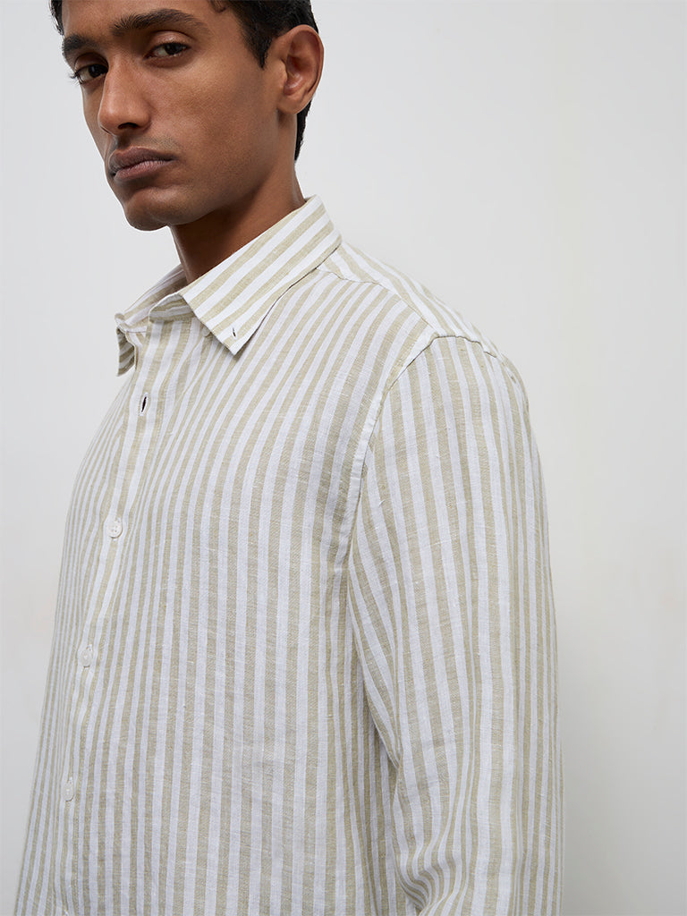 Ascot Light Olive Stripe Relaxed-Fit Linen Shirt