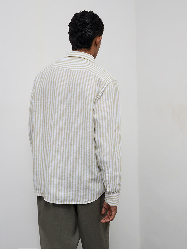 Ascot Light Olive Stripe Relaxed-Fit Linen Shirt