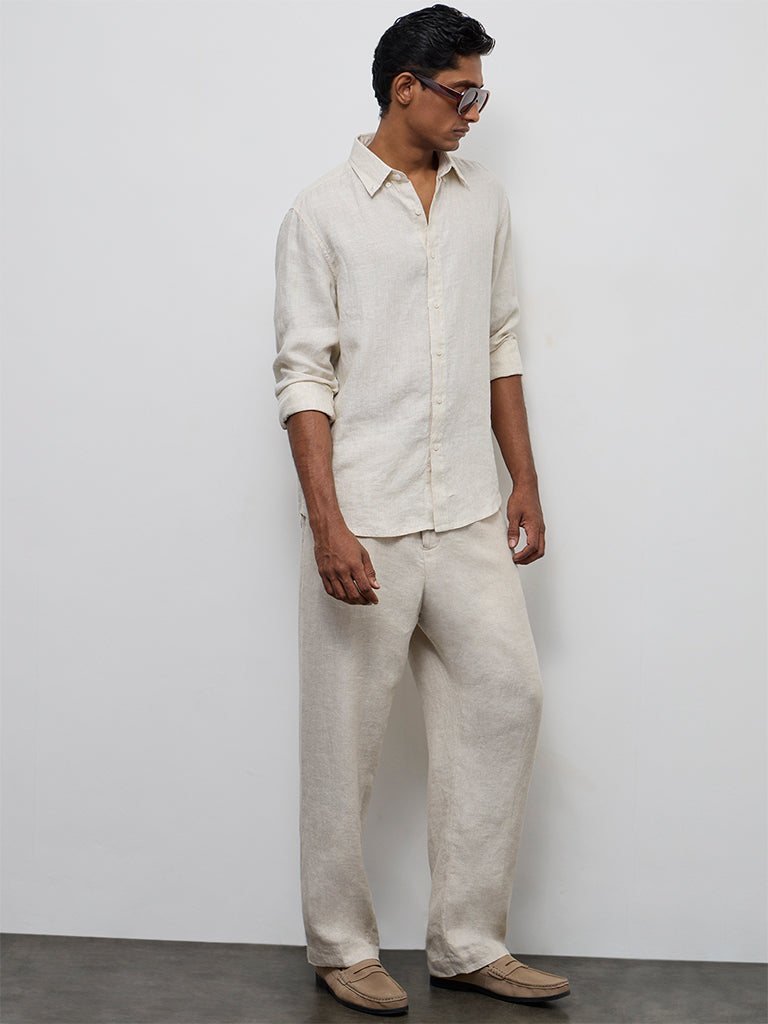 Ascot Light Grey Striped Relaxed-Fit Linen Shirt