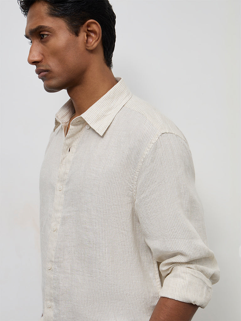 Ascot Light Grey Striped Relaxed-Fit Linen Shirt