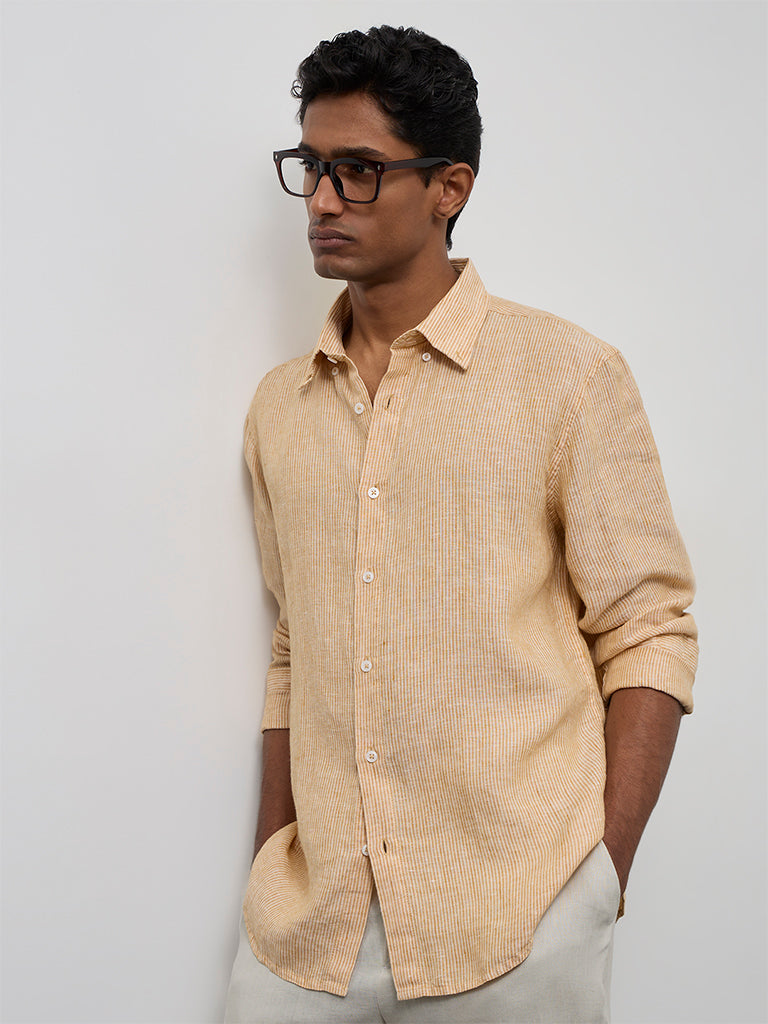 Ascot Orange Striped Relaxed-Fit Linen Shirt