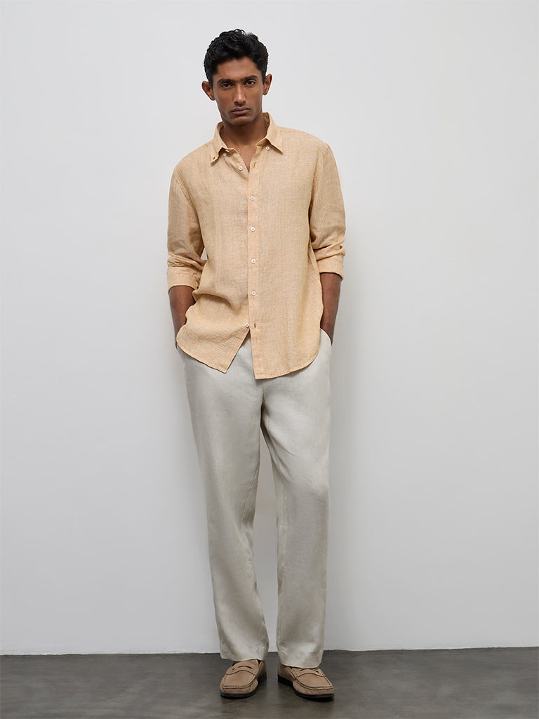 Ascot Orange Striped Relaxed-Fit Linen Shirt