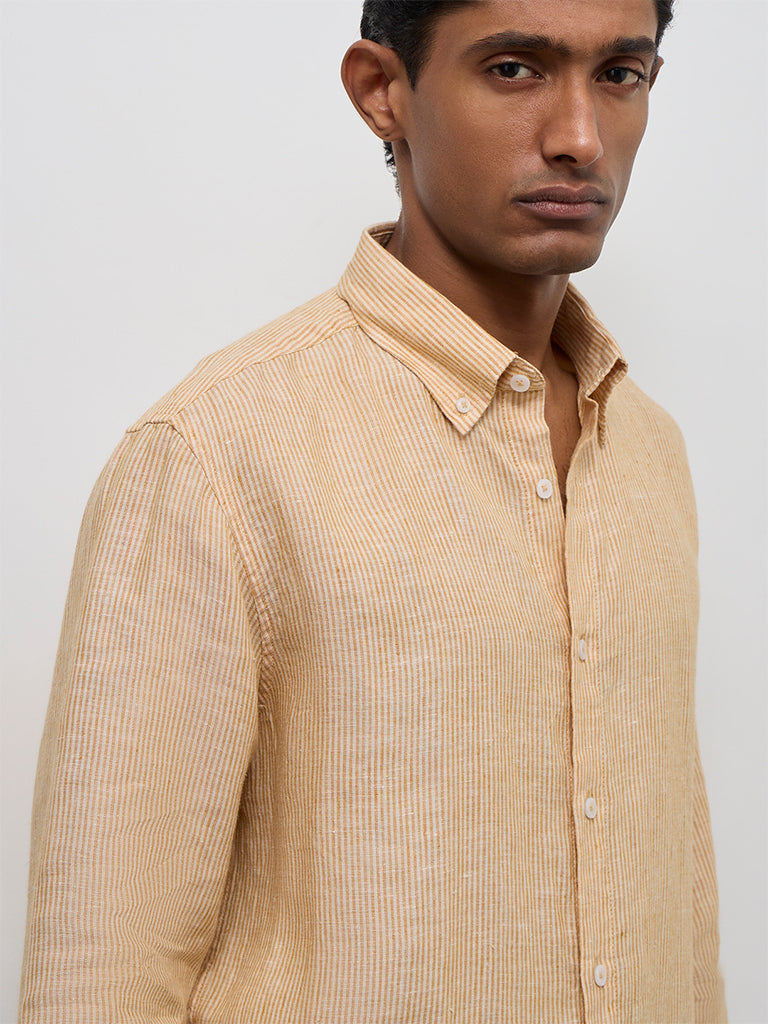 Ascot Orange Striped Relaxed-Fit Linen Shirt