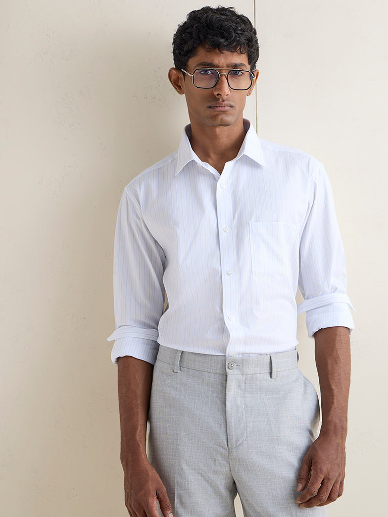 WES Formals Blue Striped Relaxed-Fit Cotton Shirt