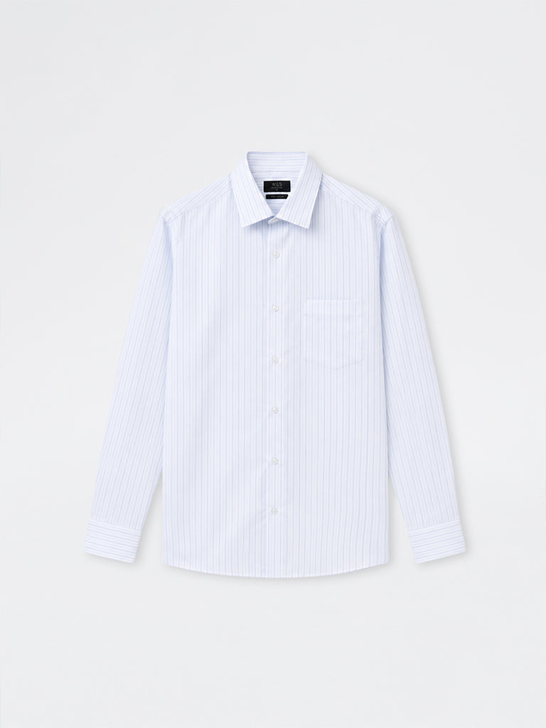 WES Formals Blue Striped Relaxed-Fit Cotton Shirt