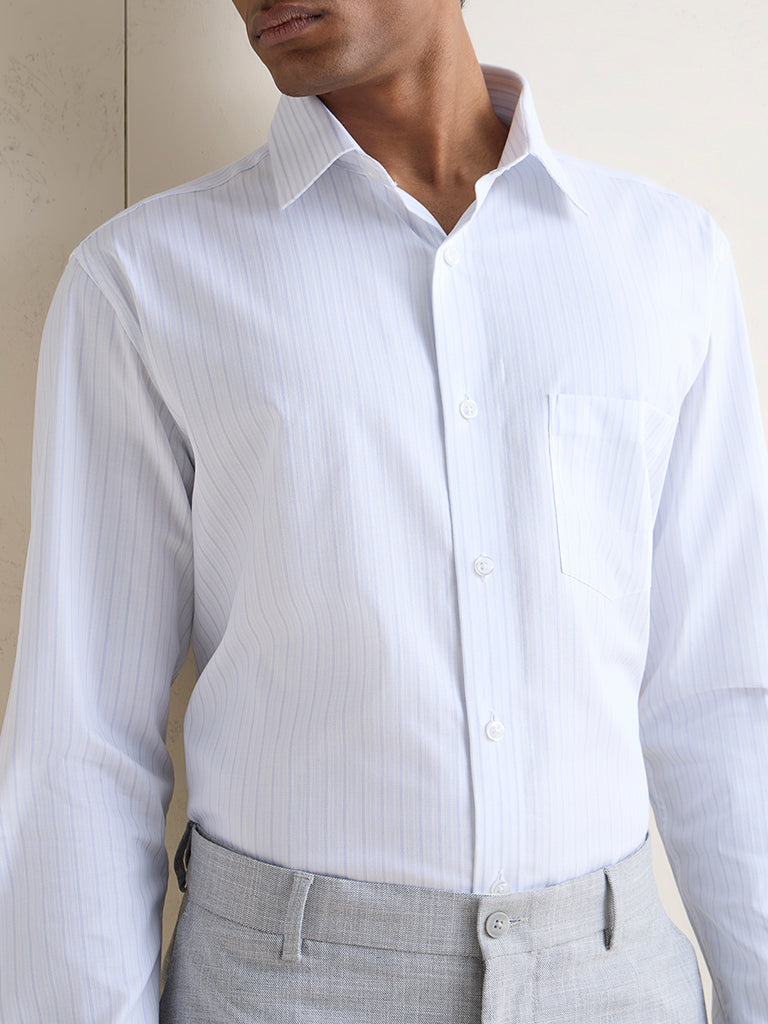WES Formals Blue Striped Relaxed-Fit Cotton Shirt