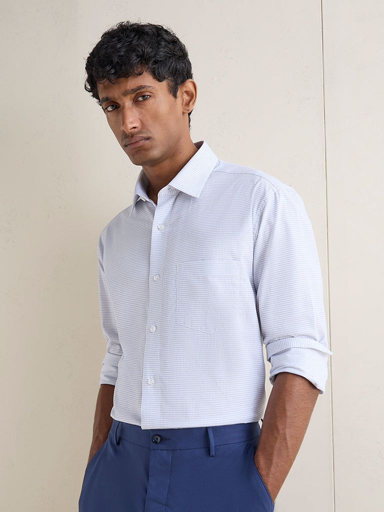 WES Formals Blue Checkered Relaxed-Fit Cotton Shirt
