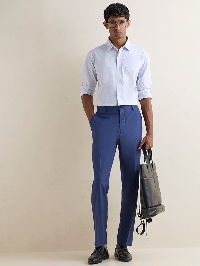 WES Formals Blue Checkered Relaxed-Fit Cotton Shirt