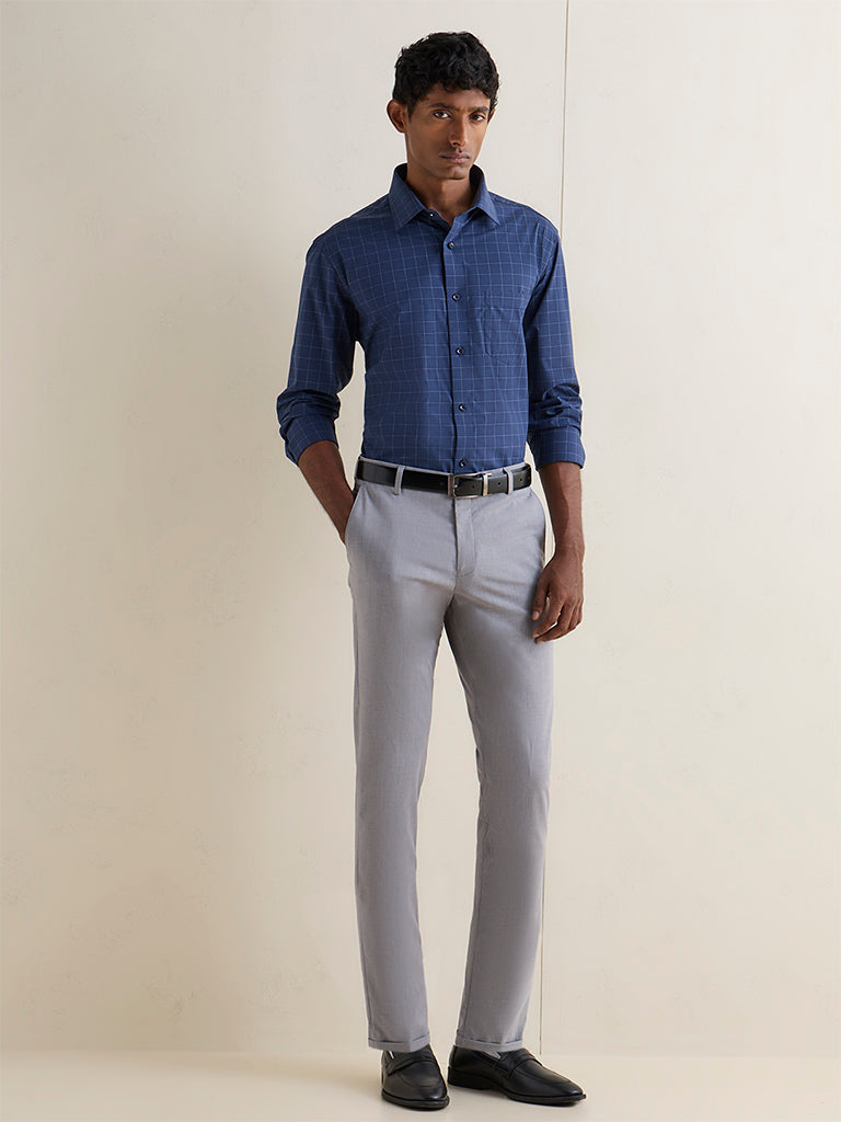 WES Formals Navy Checkered Relaxed-Fit Cotton Shirt