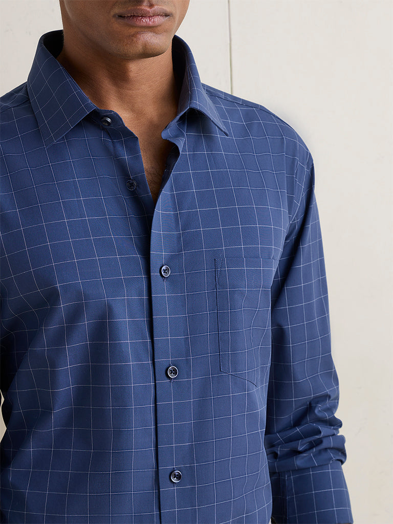 WES Formals Navy Checkered Relaxed-Fit Cotton Shirt