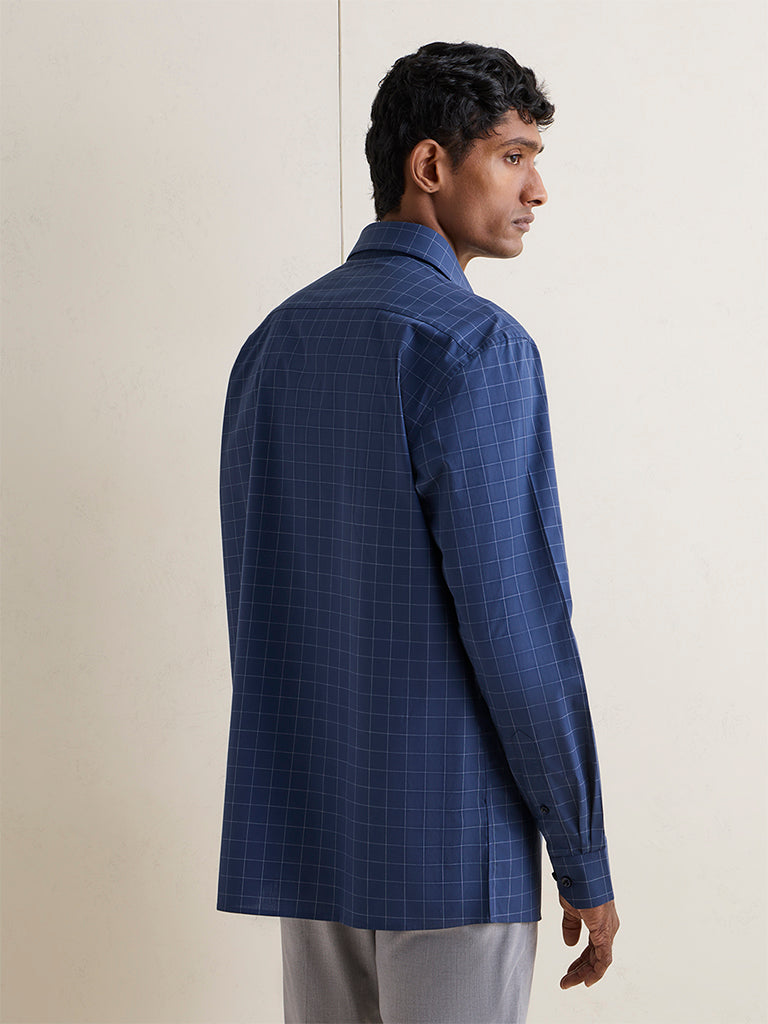 WES Formals Navy Checkered Relaxed-Fit Cotton Shirt