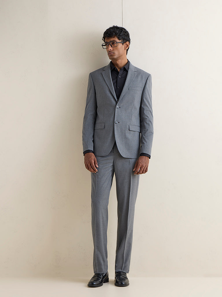 WES Formals Charcoal Self-Striped Slim-Fit Blazer
