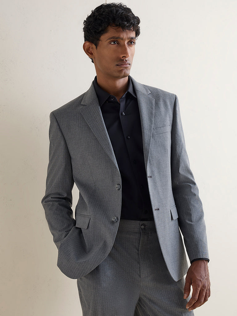 WES Formals Charcoal Self-Striped Slim-Fit Blazer