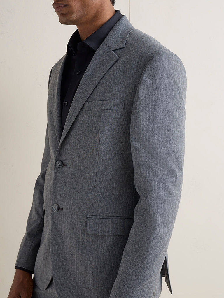 WES Formals Charcoal Self-Striped Slim-Fit Blazer