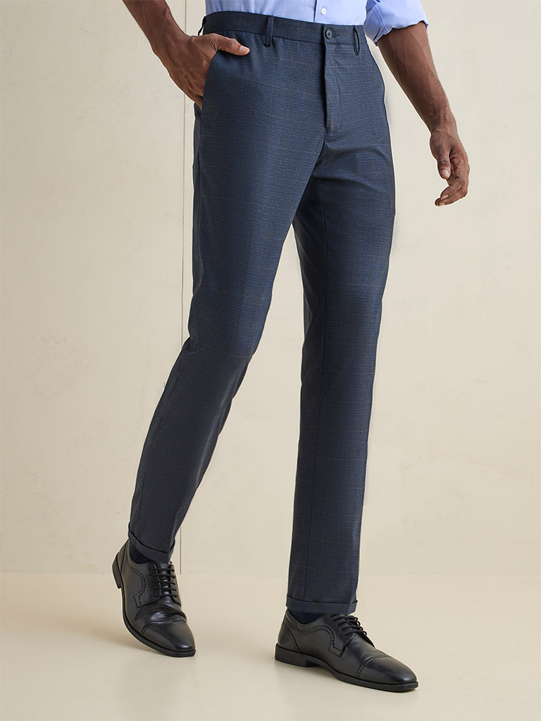 WES Formals Navy Plaid Checkered Slim-Fit Mid-Rise Trousers