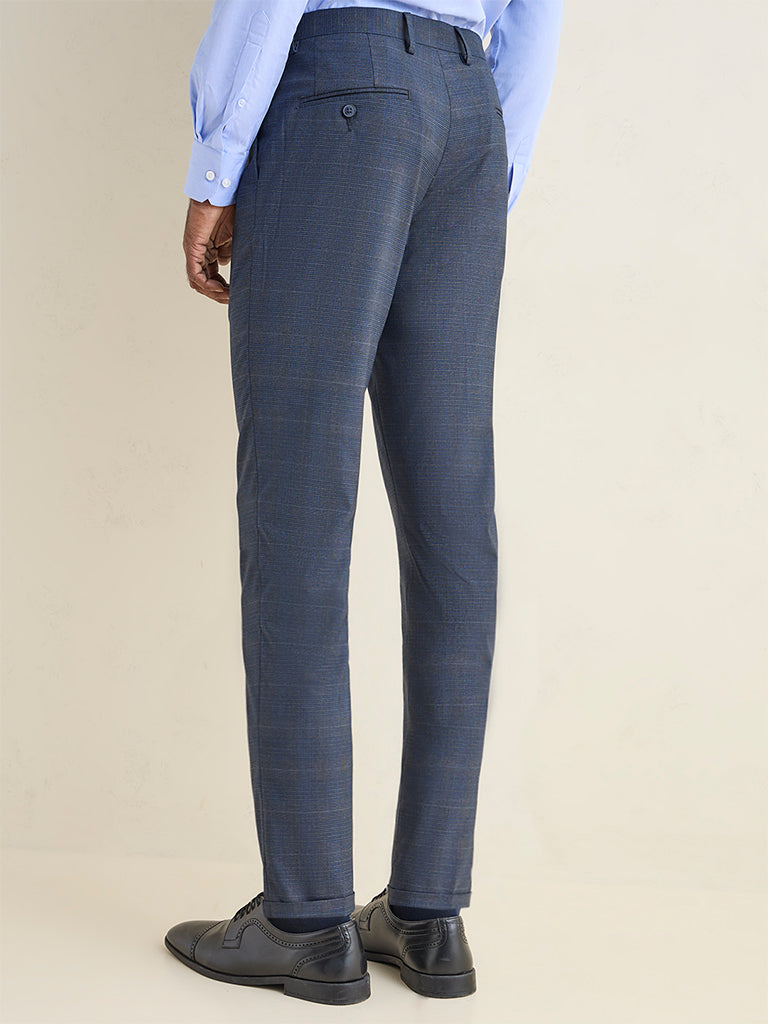 WES Formals Navy Plaid Checkered Slim-Fit Mid-Rise Trousers