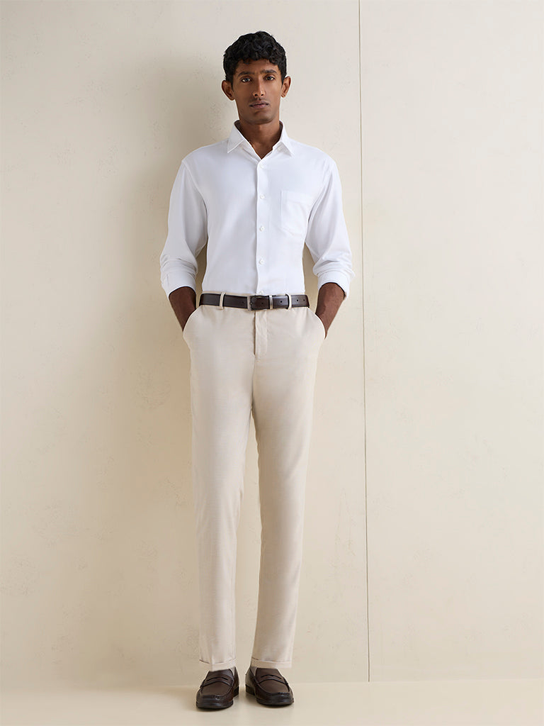 WES Formals Beige Slim-Fit Mid-Rise Trousers
