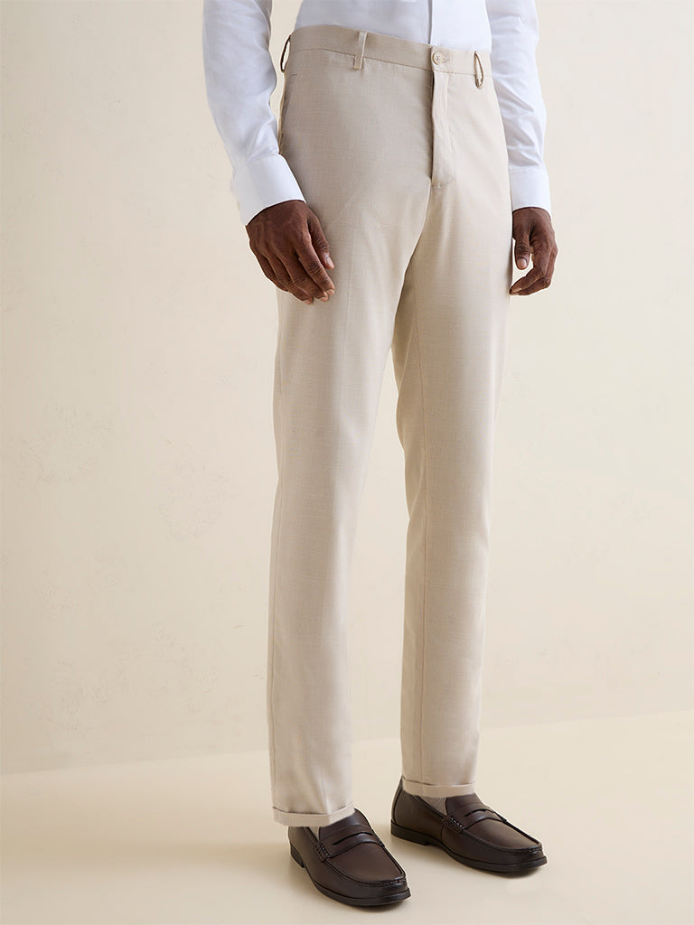 WES Formals Beige Slim-Fit Mid-Rise Trousers