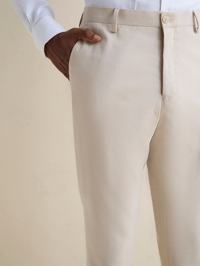 WES Formals Beige Slim-Fit Mid-Rise Trousers