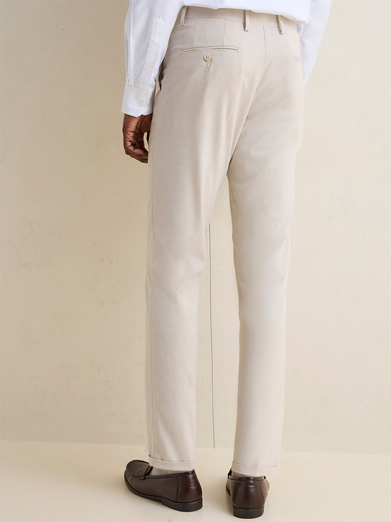 WES Formals Beige Slim-Fit Mid-Rise Trousers
