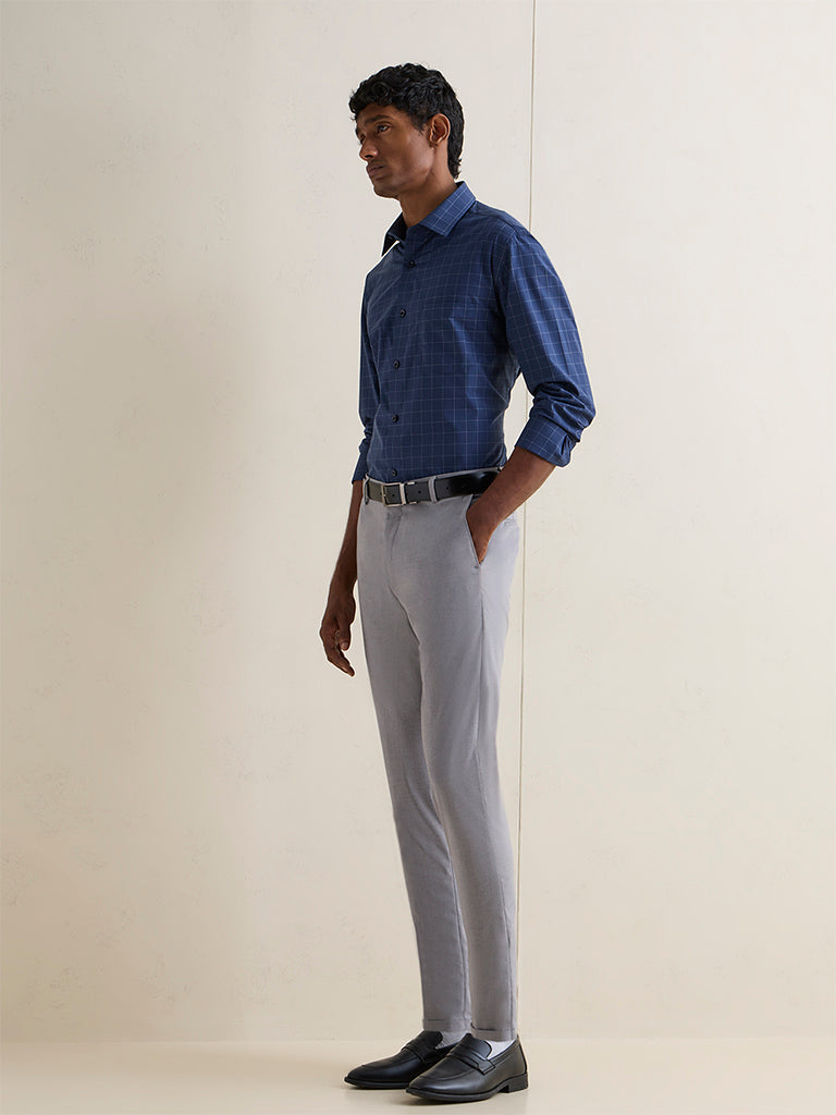 WES Formals Grey Slim-Fit Mid-Rise Trousers