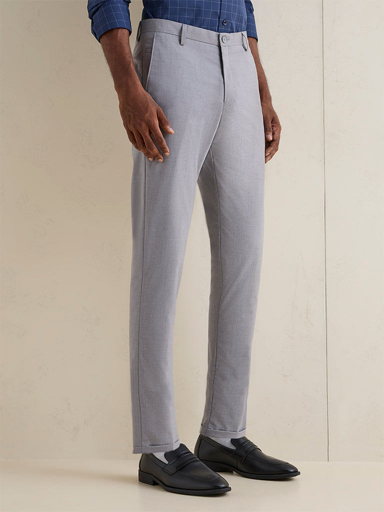 WES Formals Grey Slim-Fit Mid-Rise Trousers