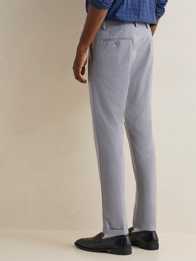 WES Formals Grey Slim-Fit Mid-Rise Trousers