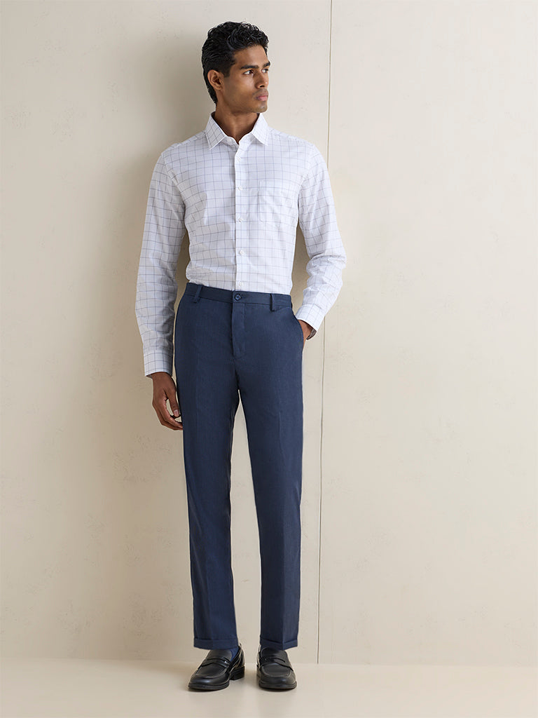WES Formals Navy Slim-Fit Mid-Rise Trousers