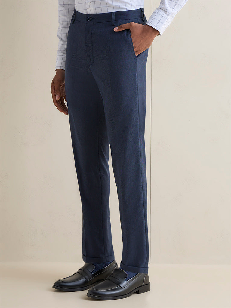 WES Formals Navy Slim-Fit Mid-Rise Trousers