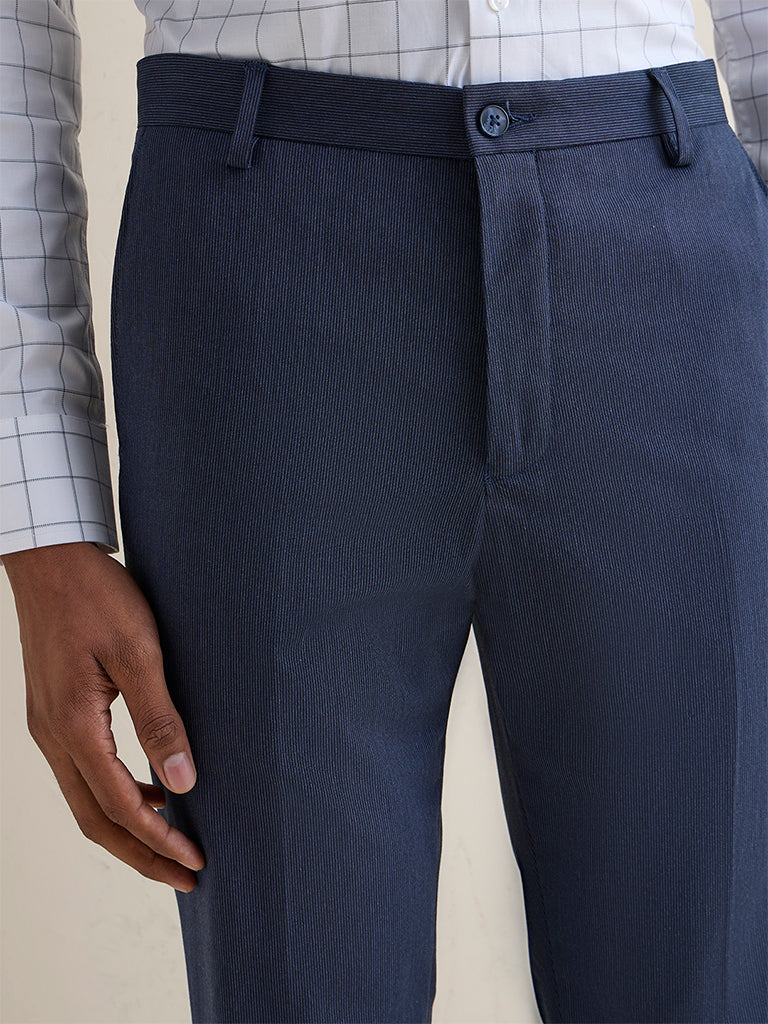 WES Formals Navy Slim-Fit Mid-Rise Trousers
