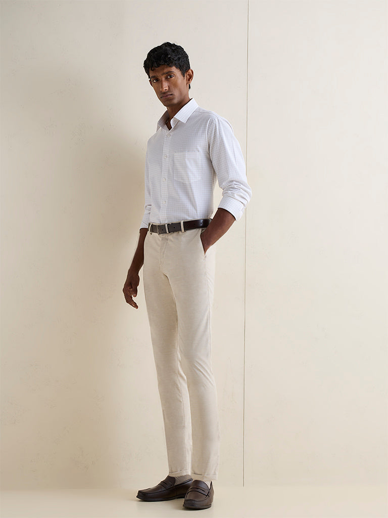 WES Formals Off-White Slim-Fit Mid-Rise Trousers