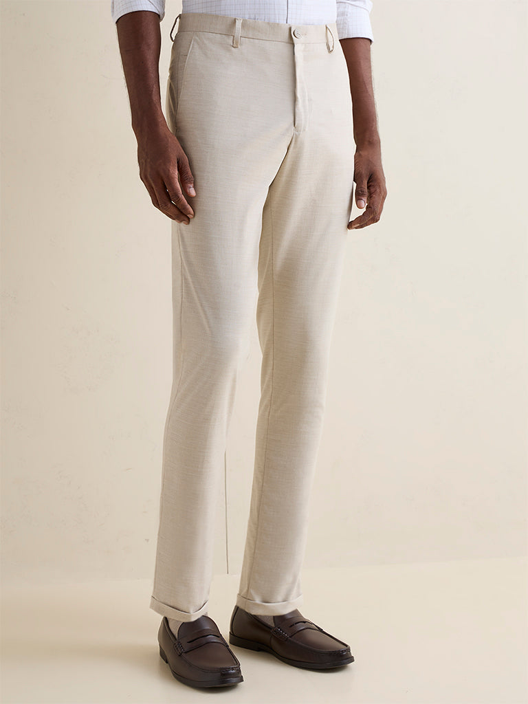 WES Formals Off-White Slim-Fit Mid-Rise Trousers