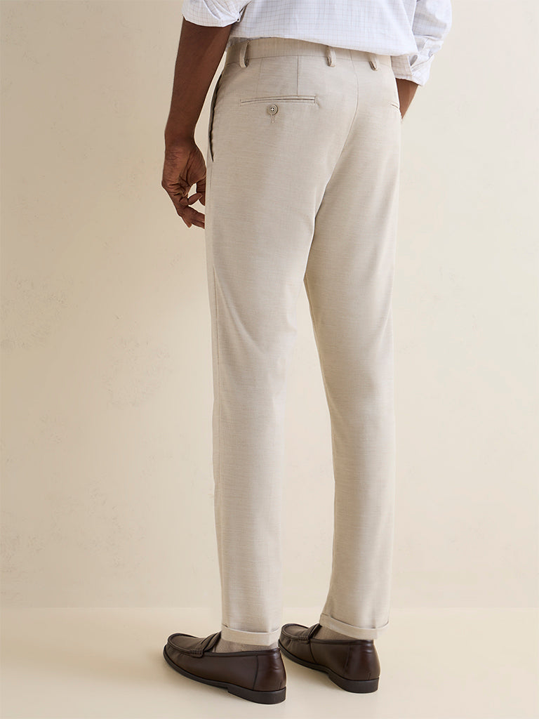 WES Formals Off-White Slim-Fit Mid-Rise Trousers