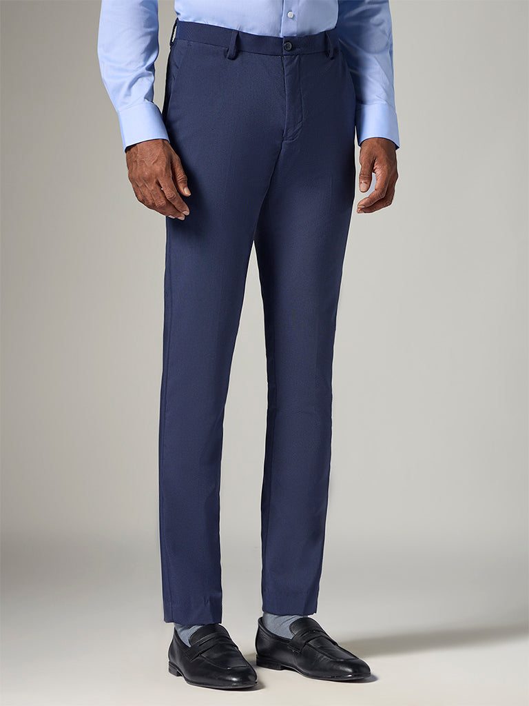 WES Formals  Navy  Slim-Fit Mid-Rise Trousers