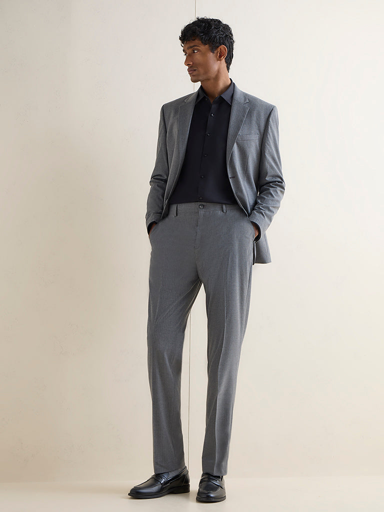 WES Formals Charcoal Self-Striped Relaxed-Fit Mid-Rise Trousers