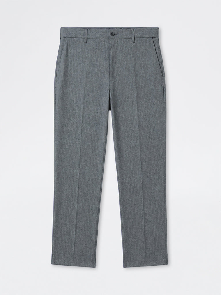 WES Formals Charcoal Self-Striped Relaxed-Fit Mid-Rise Trousers