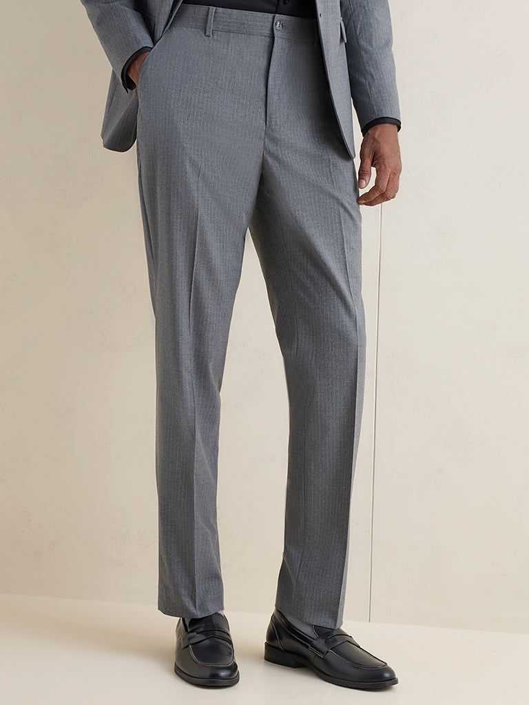 WES Formals Charcoal Self-Striped Relaxed-Fit Mid-Rise Trousers
