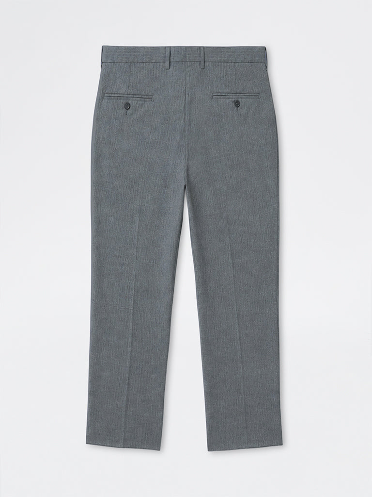 WES Formals Charcoal Self-Striped Relaxed-Fit Mid-Rise Trousers