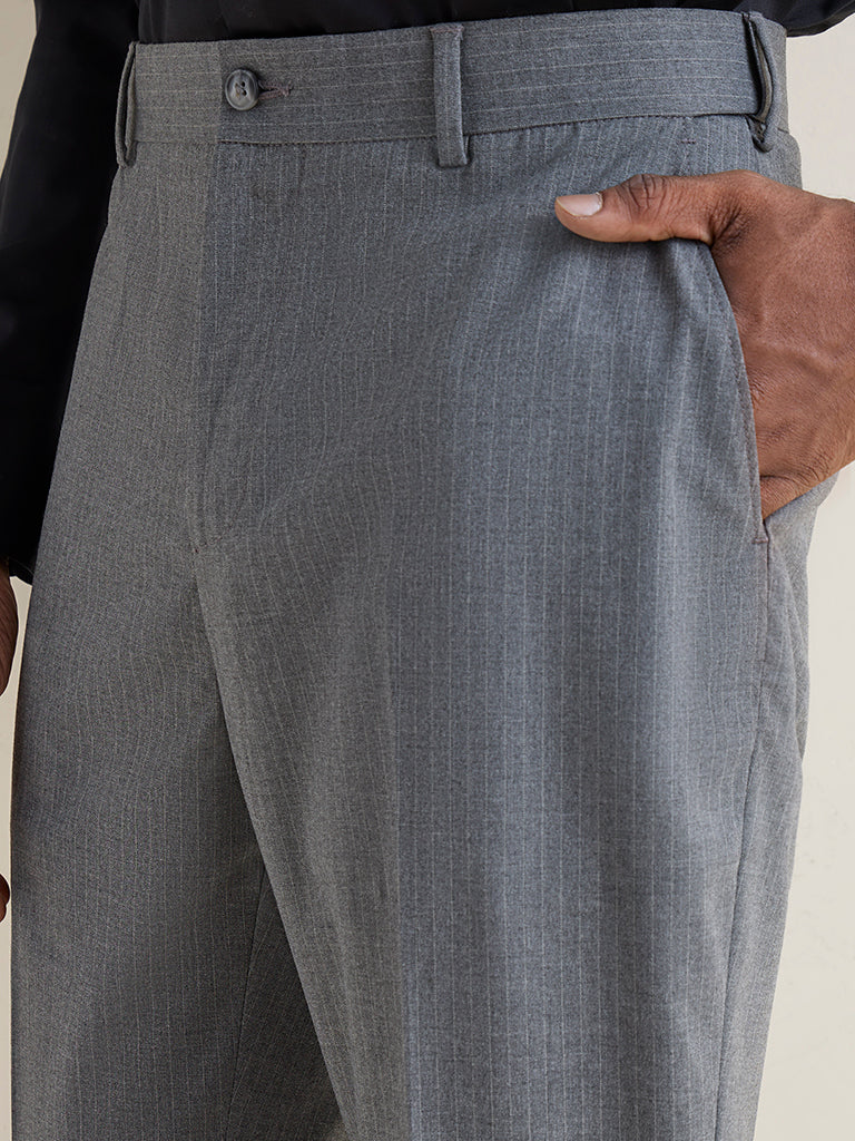 WES Formals Charcoal Self-Striped Relaxed-Fit Mid-Rise Trousers