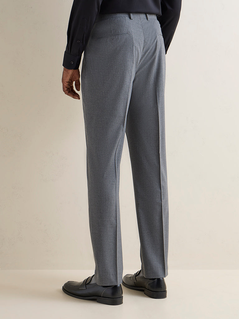 WES Formals Charcoal Self-Striped Relaxed-Fit Mid-Rise Trousers
