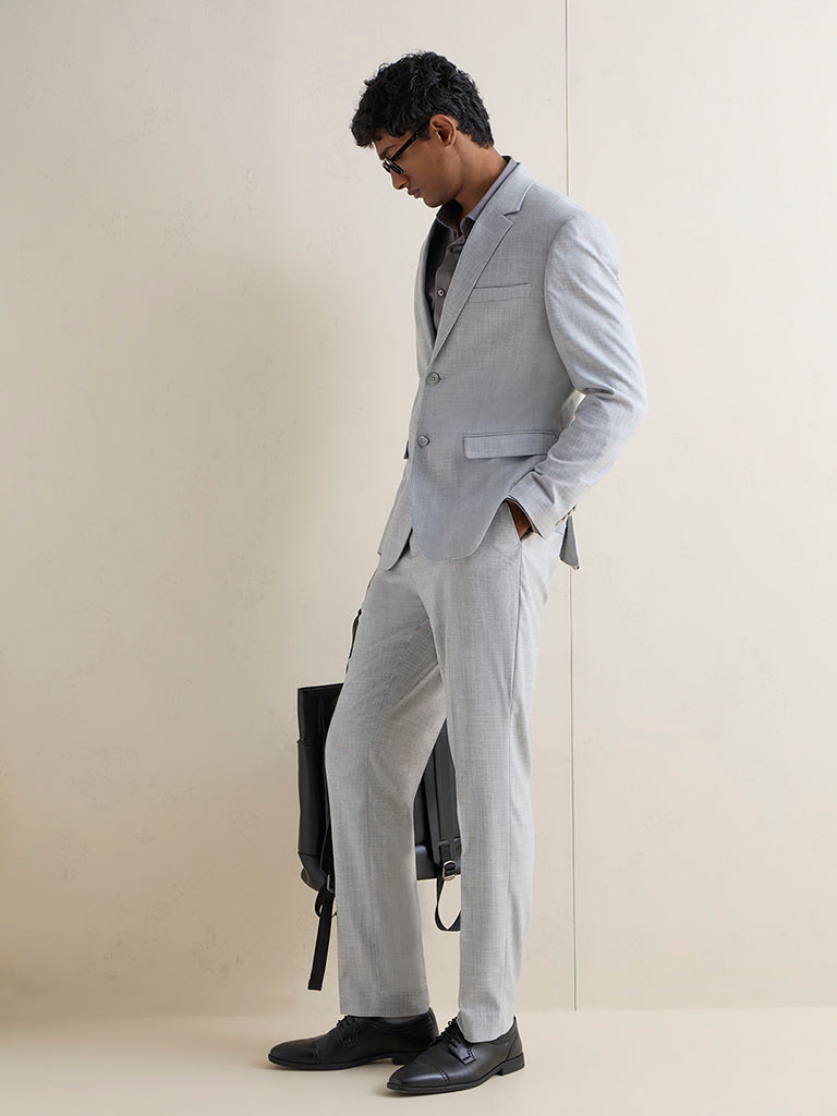 WES Formals Grey Melange Relaxed-Fit Mid-Rise Trousers