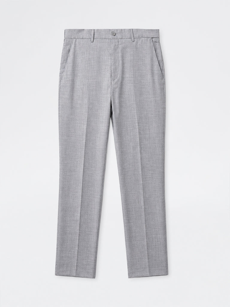 WES Formals Grey Melange Relaxed-Fit Mid-Rise Trousers