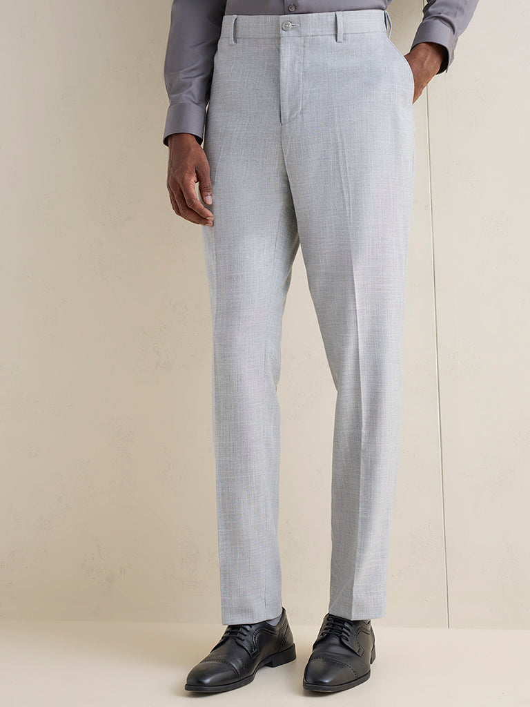 WES Formals Grey Melange Relaxed-Fit Mid-Rise Trousers