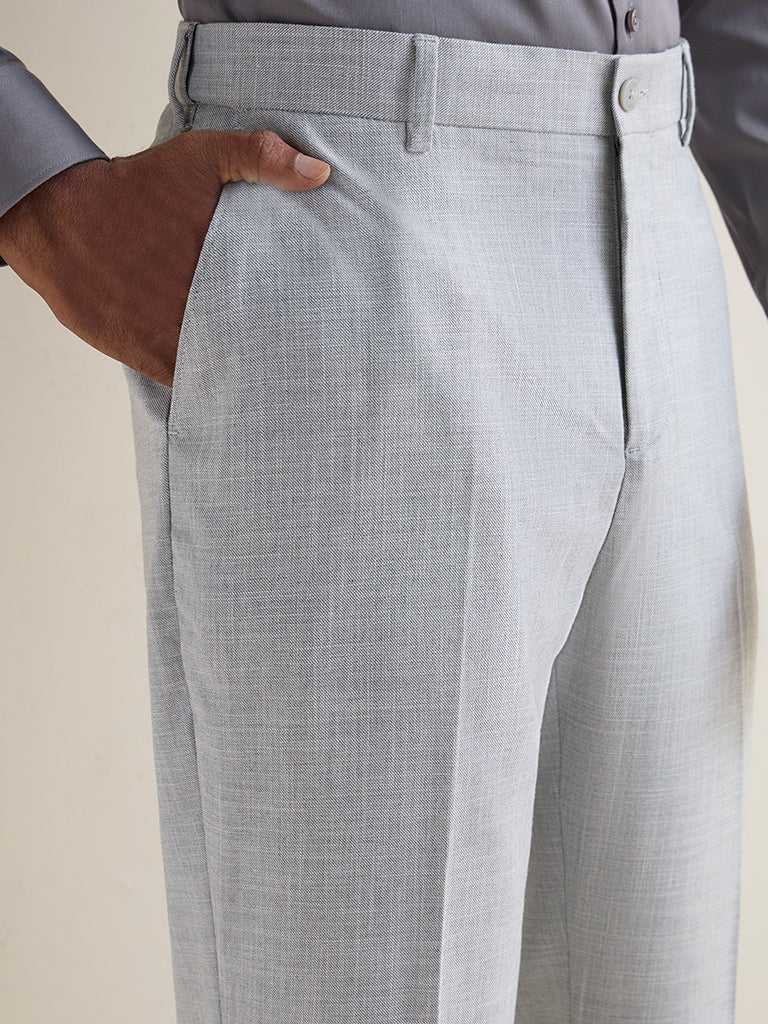 WES Formals Grey Melange Relaxed-Fit Mid-Rise Trousers
