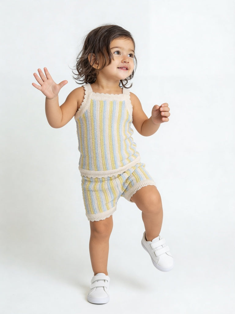 HOP Baby Girls Multicolour Striped Cotton Top and Shorts Set