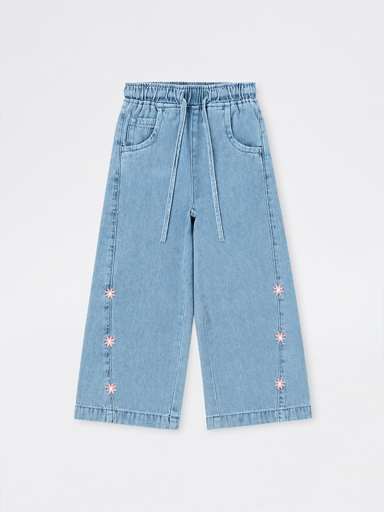 HOP Kids Girls Blue Embroidered High-Rise Relaxed-Fit Jeans