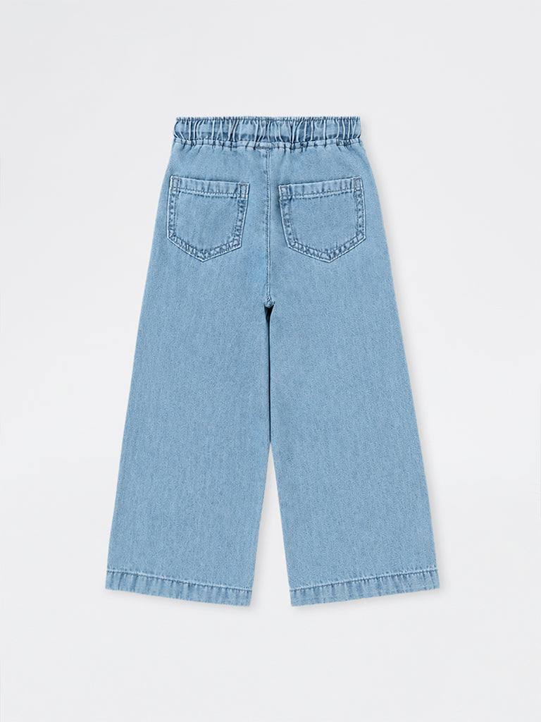 HOP Kids Girls Blue Embroidered High-Rise Relaxed-Fit Jeans