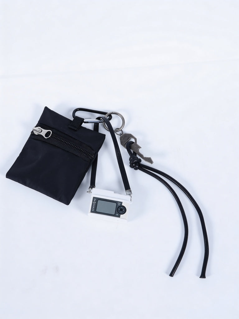 Black Logo Print Pouch With White Camera Charm Accessory